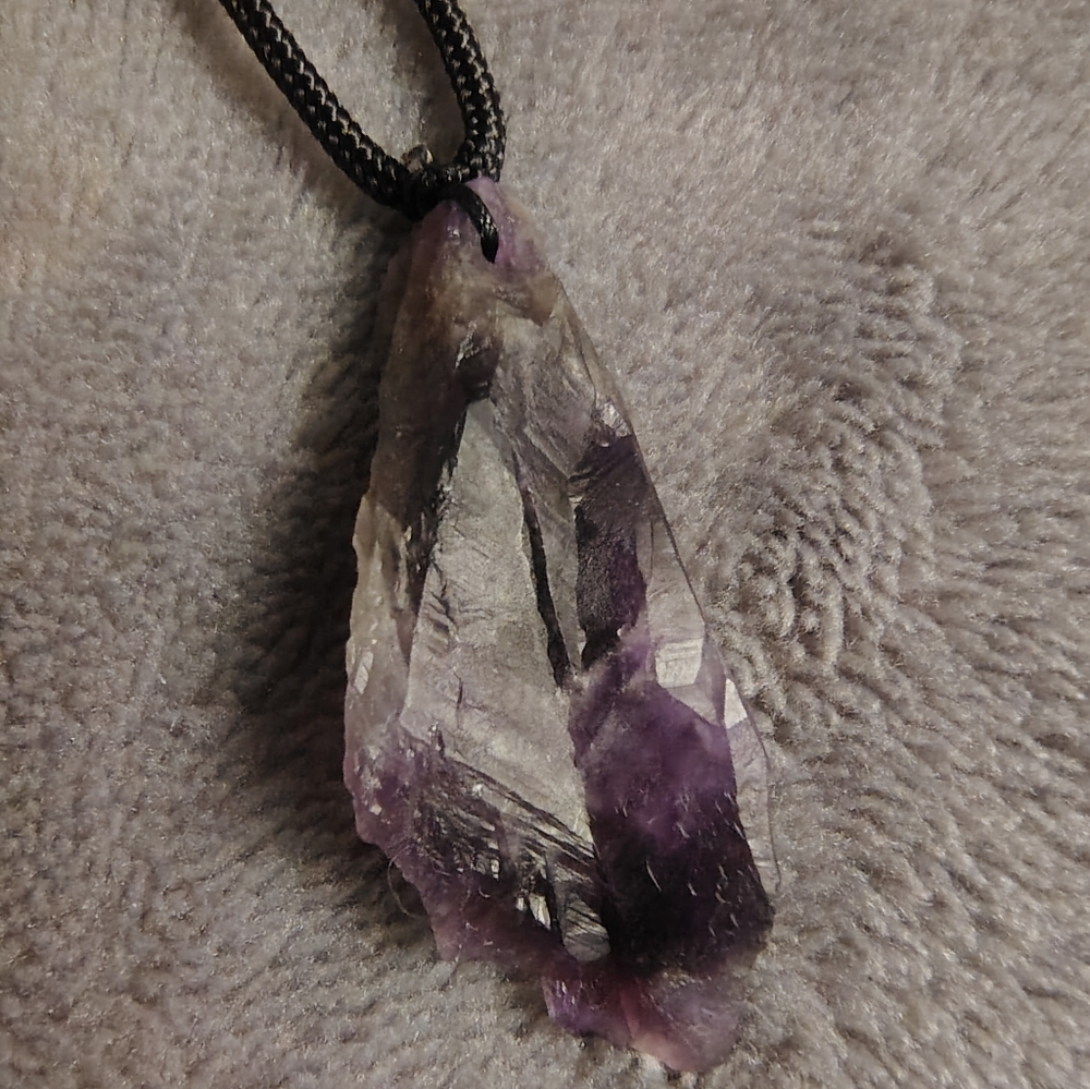 Raw Chevron Amethyst Crystal Pendant Cord Necklace - Purple Healing Stone